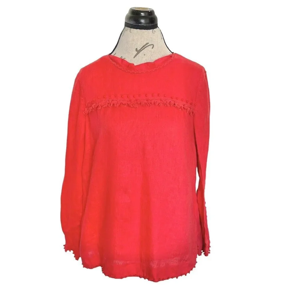 J Crew Womens Blouse 100% Linen Long Sleeve Dots Embroidered Trim Frayed Sz 8